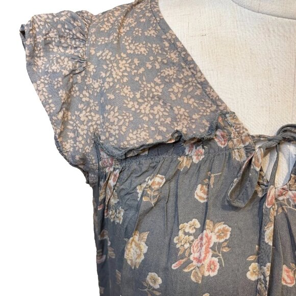 DR2 Woman's Vintage Style Flower Ruffle Blouse Size Small Olive Green Pink Boho - Picture 4 of 9